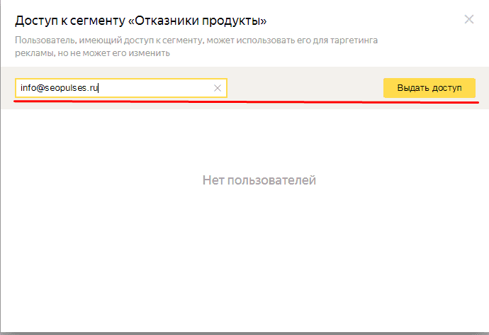 Ввод email для доступа к сегменту в Yandex Аудитории