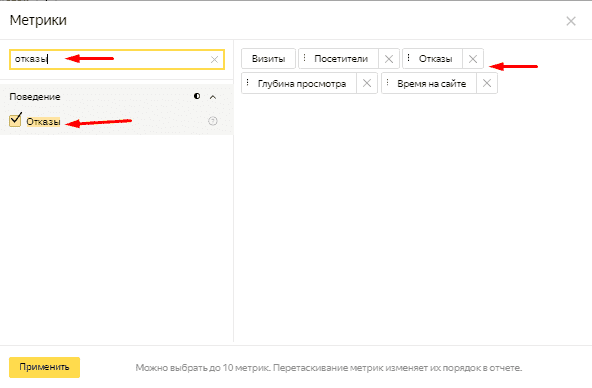 Выбор метрики отказы в Yandex Metrika