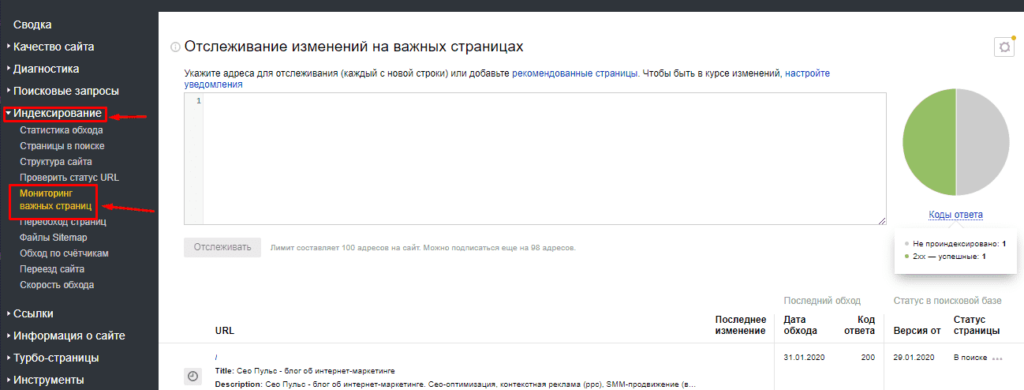 Переход в мониторинг важных страниц в Яндекс.Вебмастер