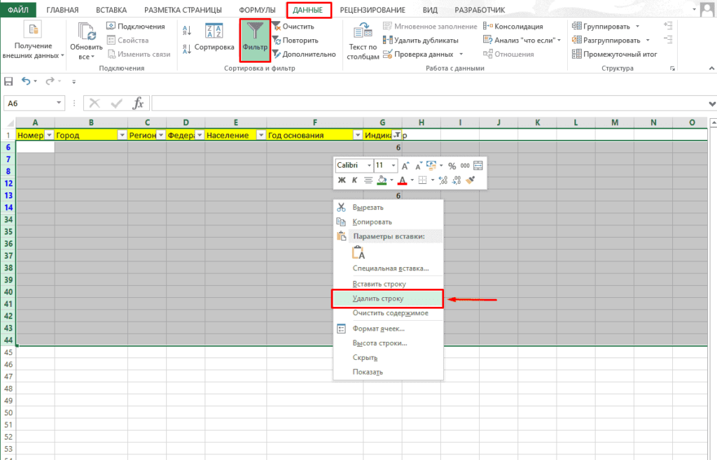 Удаление пустых строк через фильтр в Excel