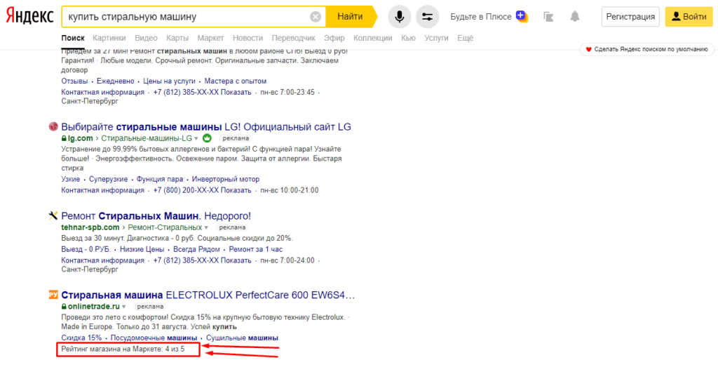Пример рейтинга Маркета в объявлениях Яндекс.Директ в блоке под поисковой выдаче