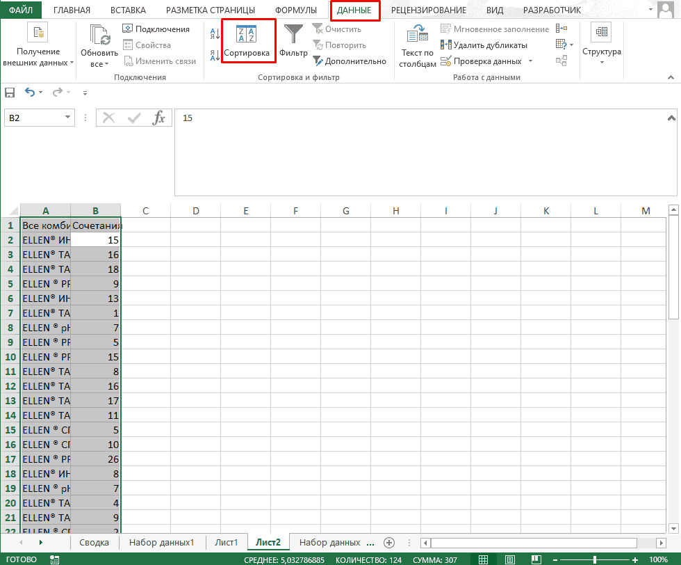 Все сочетания с количество их повторений в Excel