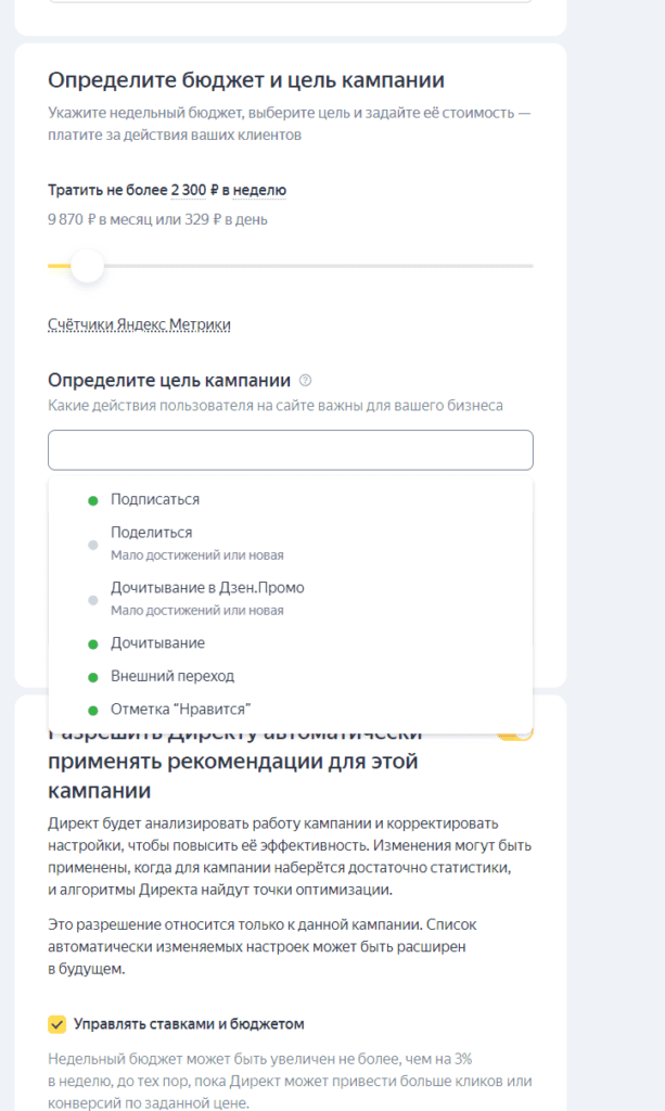 Выбор конверсии рекламы статьи в Дзене через Яндекс.Директ (Мастер Кампаний)